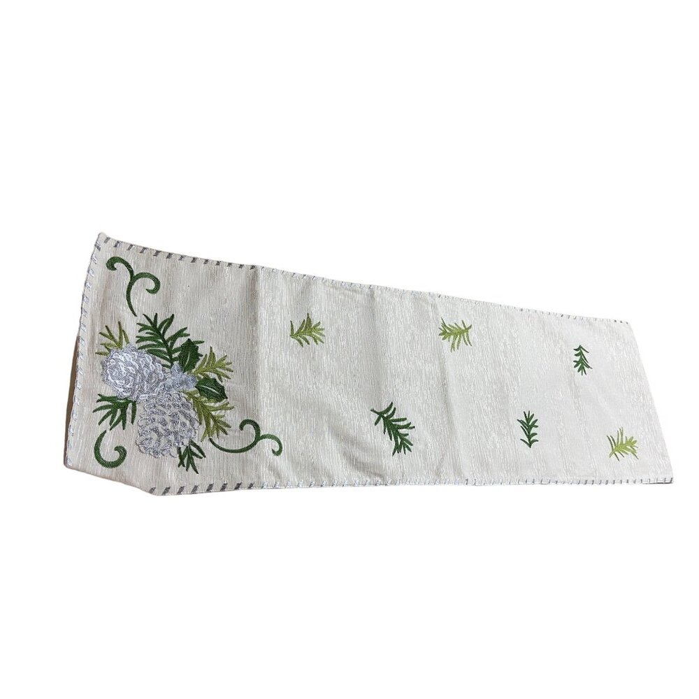 Festive Ridgefield Home Embroidered Table Runner Floral Pine Cone White Green